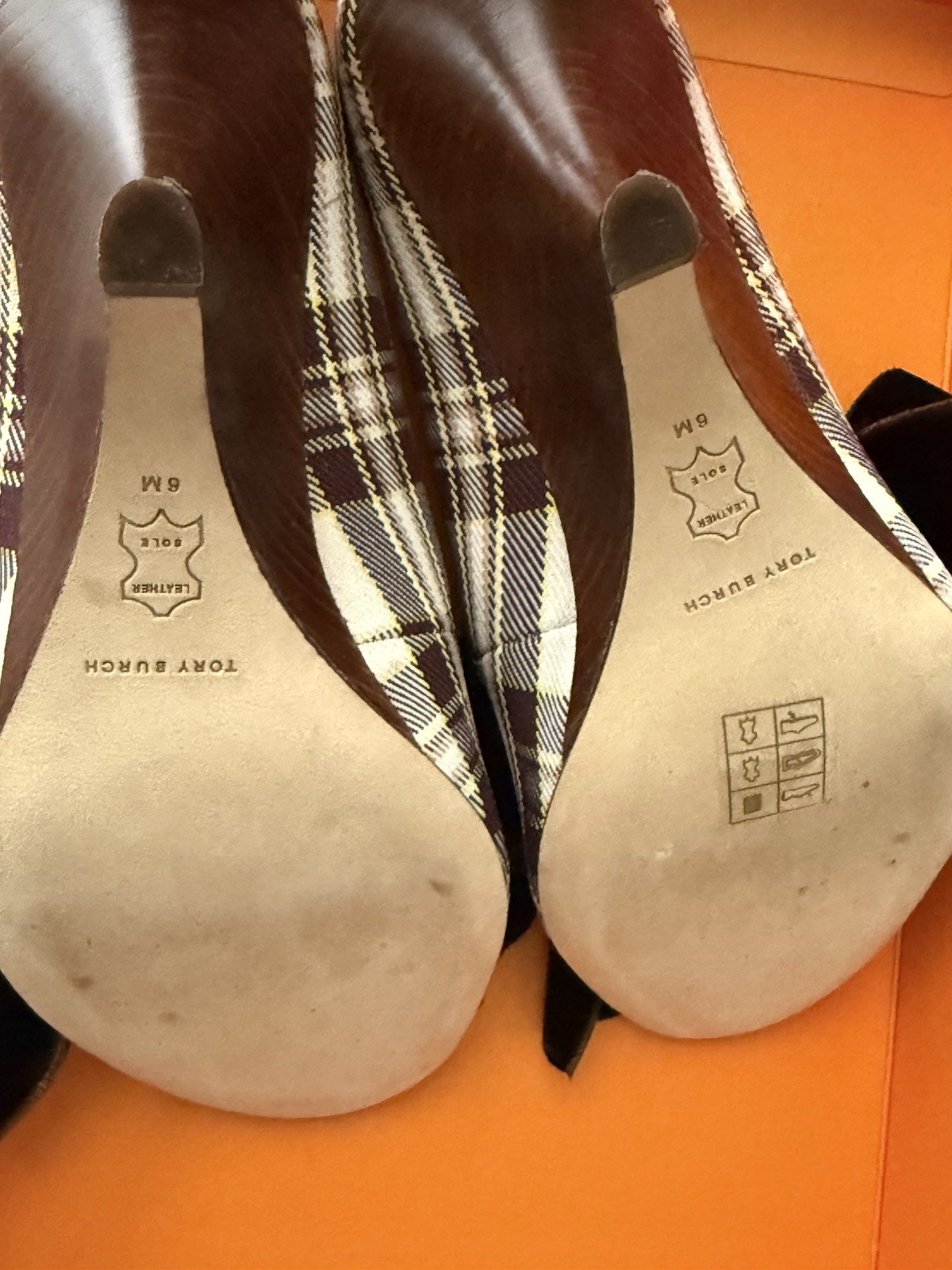Tory Burch Women’s Brown/White Plaid Slip-On Peep Toe Bow Stiletto Pump Heels 9