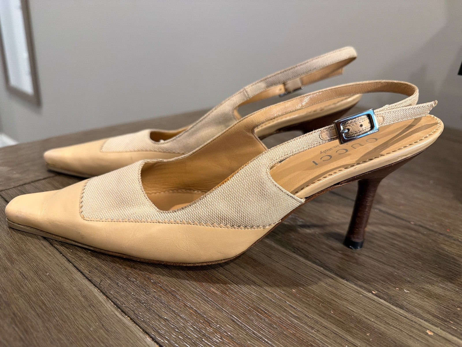 GUCCI Vintage Beige Leather Canvas Sling Back Heels Pumps Women’s 8 B
