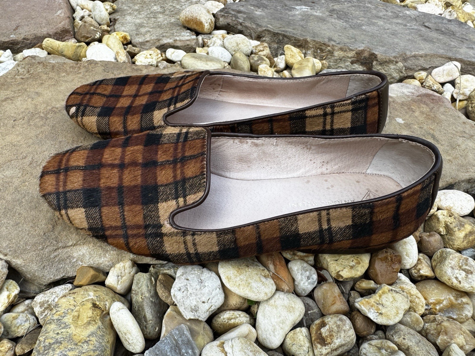Antonio Melani Leather Loafers Slip On Flats Genuine Calf Hair Plaid Women 8.5