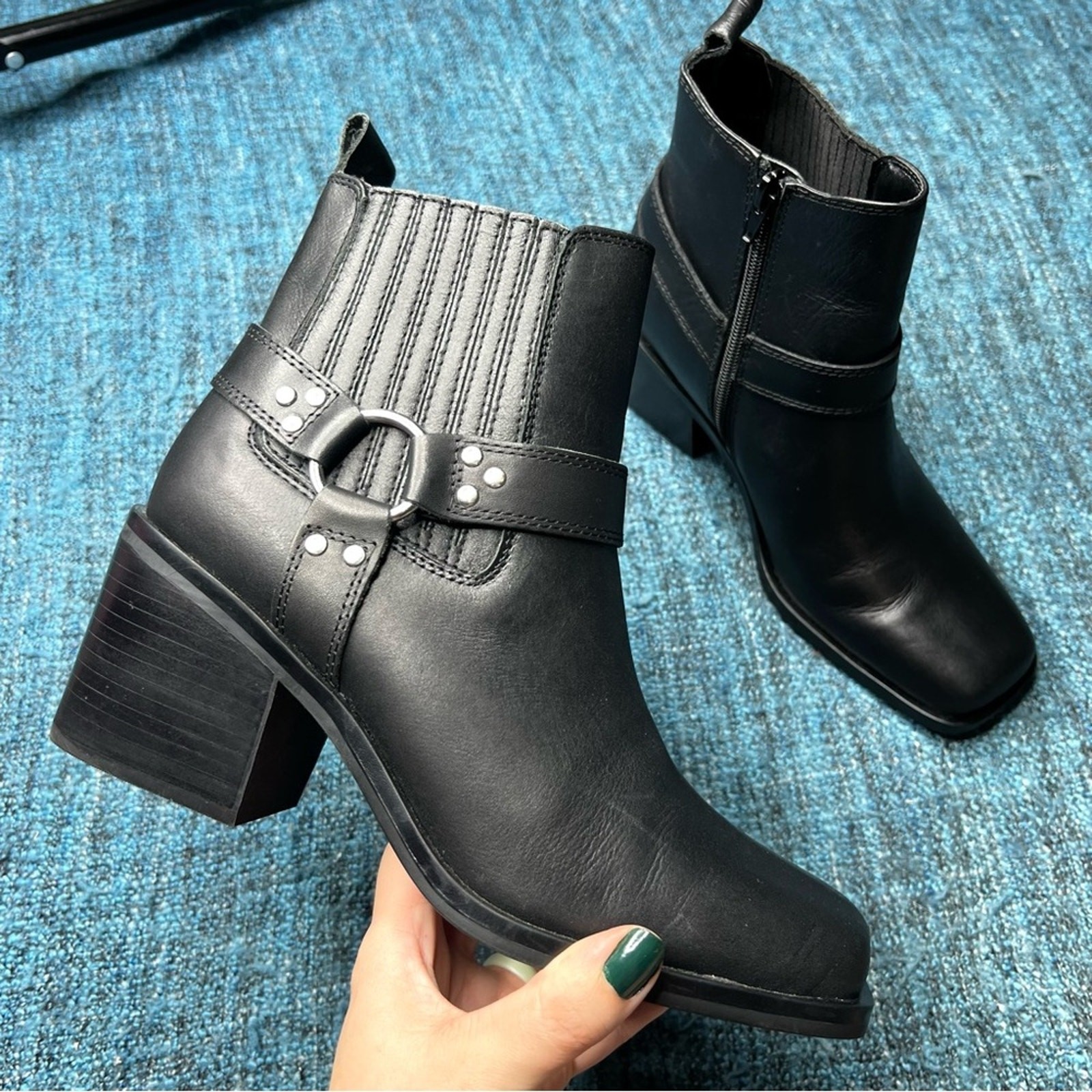Steve Madden Wells Black Leather Harness Boots Square Toe with Heel Women’s 8