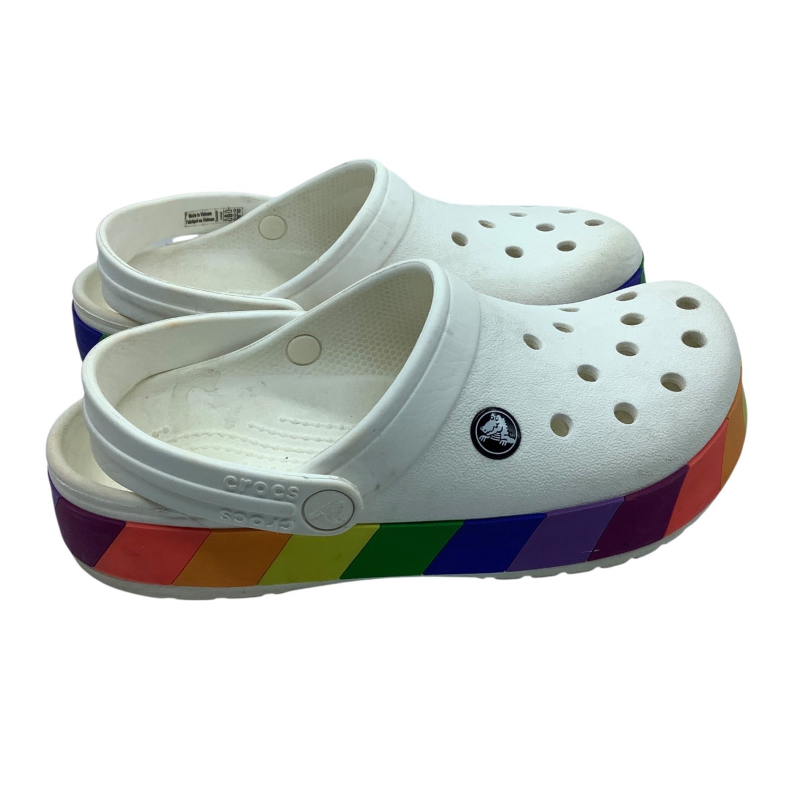 Crocs Classic Clogs White With Rainbow Band Stripe Size W6/M4