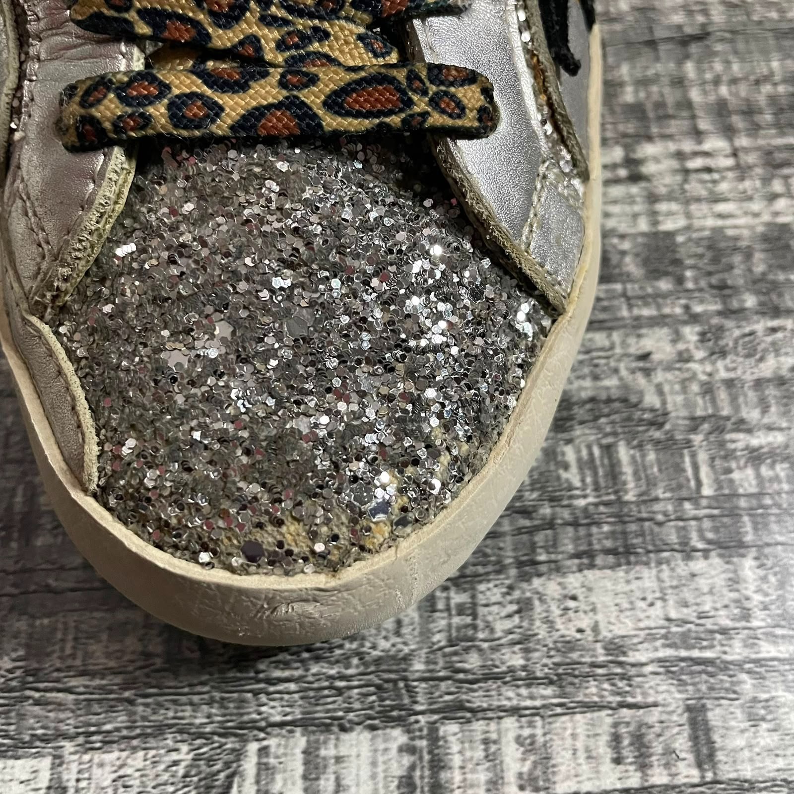 GOLDEN GOOSE SUPERSTAR SILVER GLITTER BLACK STAR PINK HEEL LEOPARD LACES EU 38