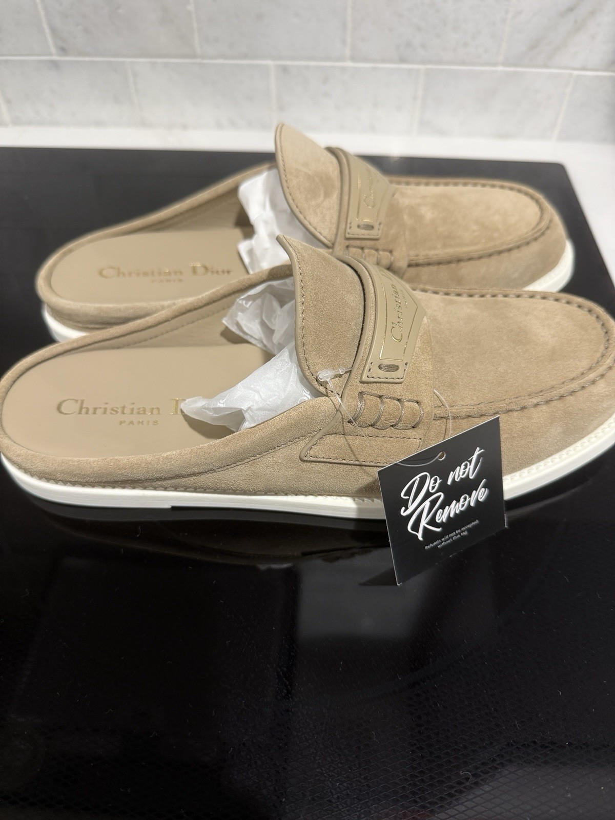 Dior Women’s Beige Suede Slip-On Flats US 7 EU 37 Round Toe Logo New Box