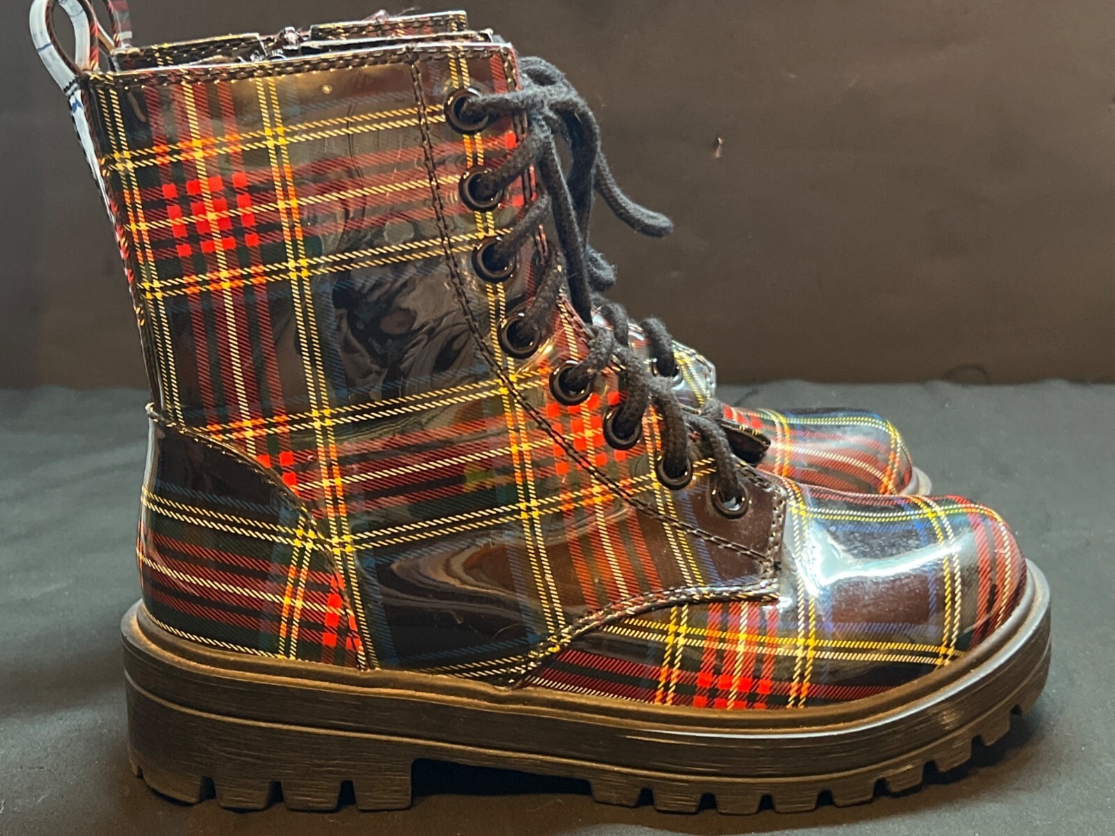 SODA Red & Yellow Plaid High-Gloss Combat Boots With Side Zipper & Lace-Up