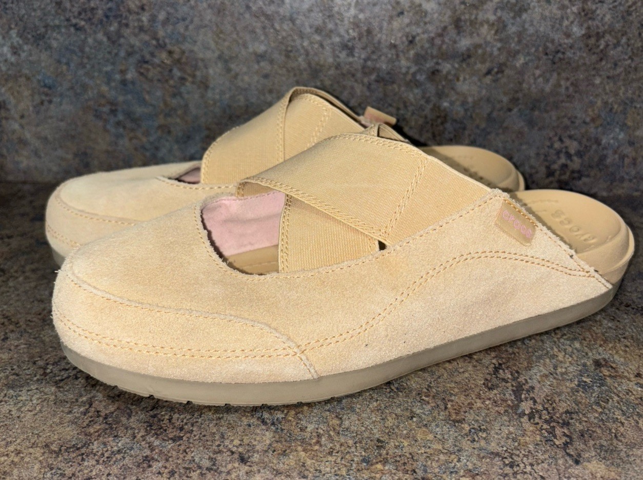 Crocs Edie Tan Chai Suede Croslite Sandal Slide Mule Woman Sz 9 Excellent Cond