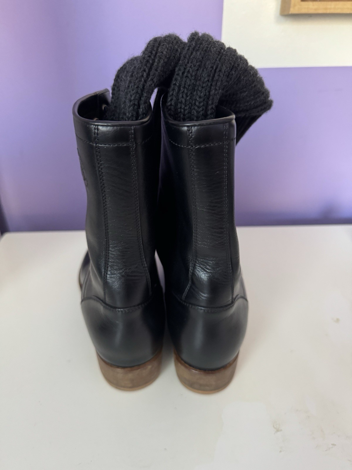 Chanel Black Leather Lace Up Combat Knit Sock Boots Size 38 EU