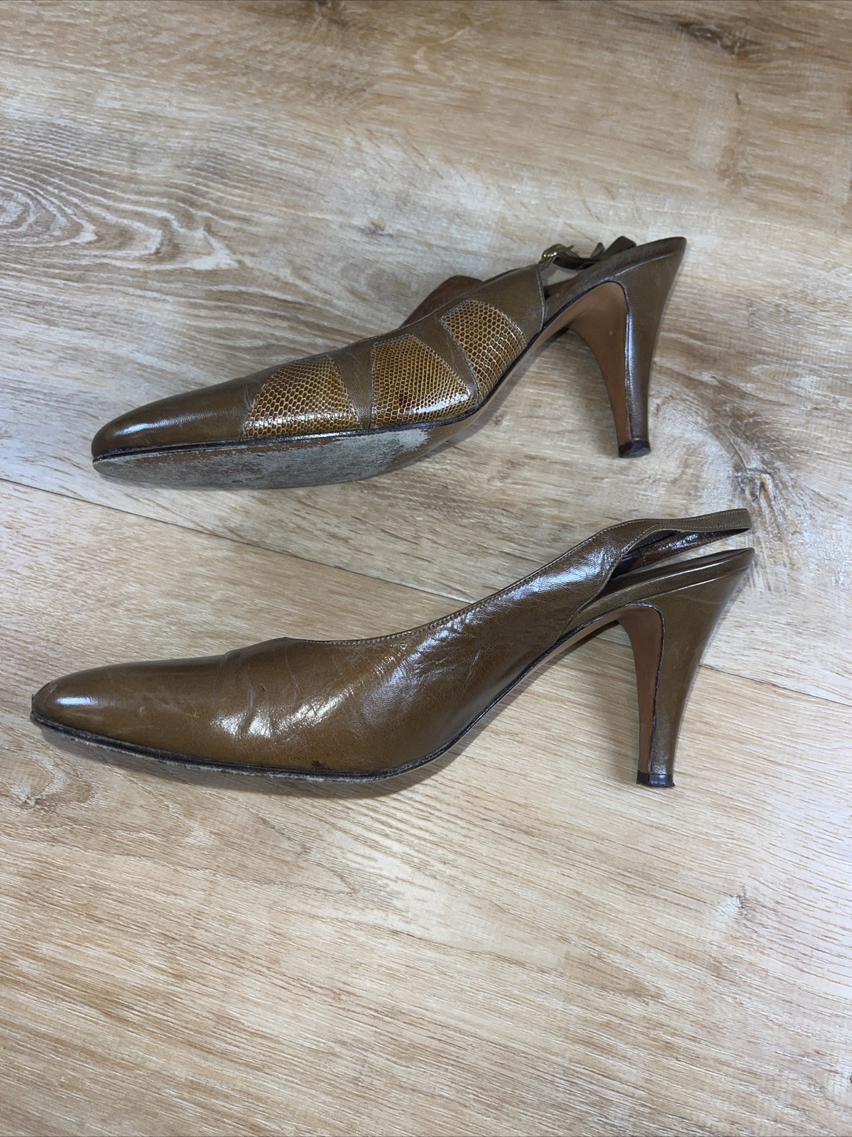 Vintage Gucci Leather W Snake Accent Sling Back Heels Shoes 38.5 N US 8.5