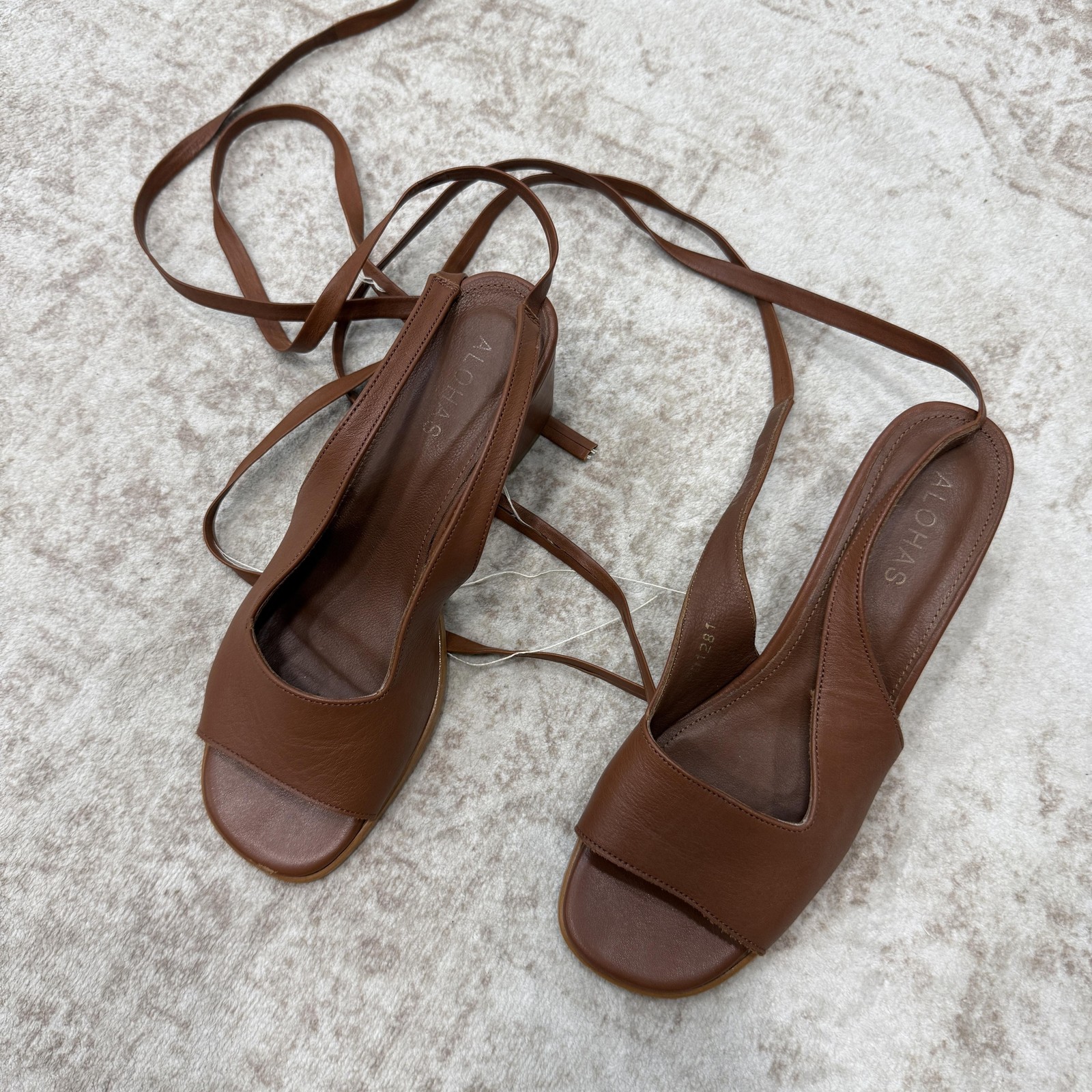 ALOHAS Sandals Womens Size 7.5 Brown Leather Strappy Block Heel Ankle Wrap Tie