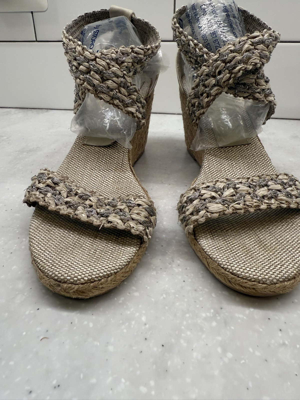 Jean Michael Cazabat Sandals Beige/Silver Wedge Espadrille Beachy Size EU 39
