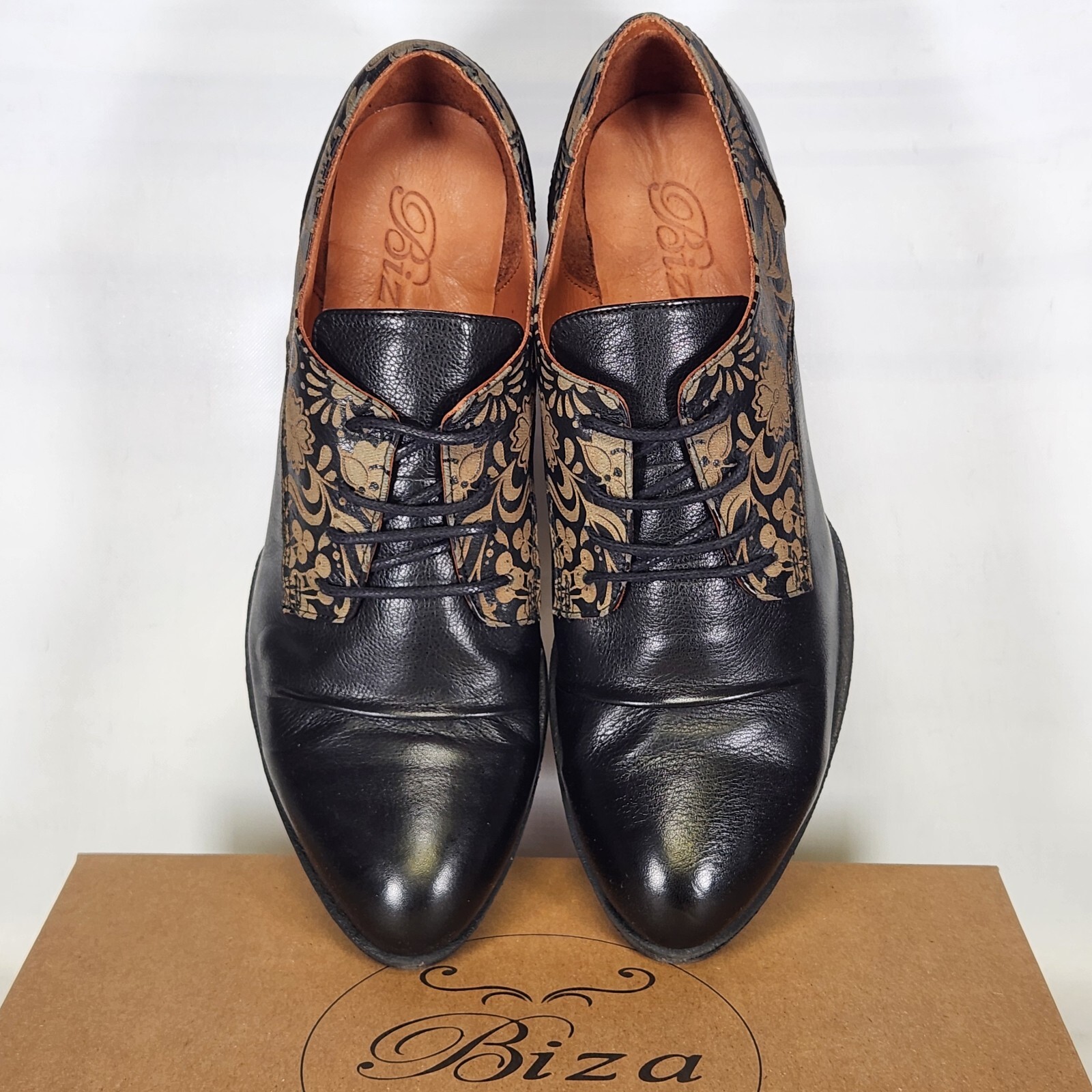 Vintage Style Antique Biza Valor Short Heel Oxford Bootie Black Leather Size 10