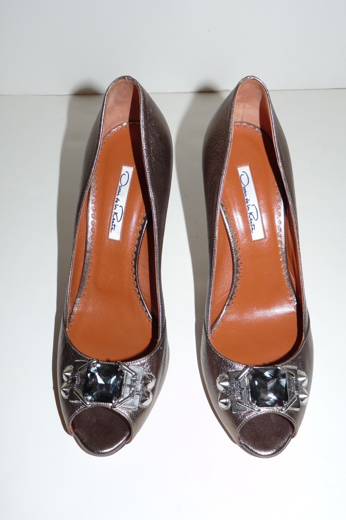 Authentic Oscar de la Renta Jeweled Metallic Leather Pump Heel Shoes Sz 8.5