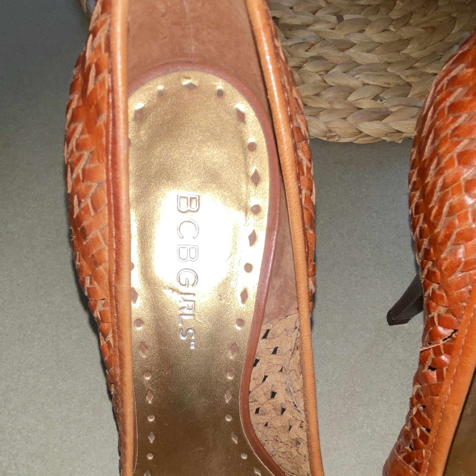 BCBGirls Brown Woven Leather Round Toe Stiletto Slip-On Pump Heels