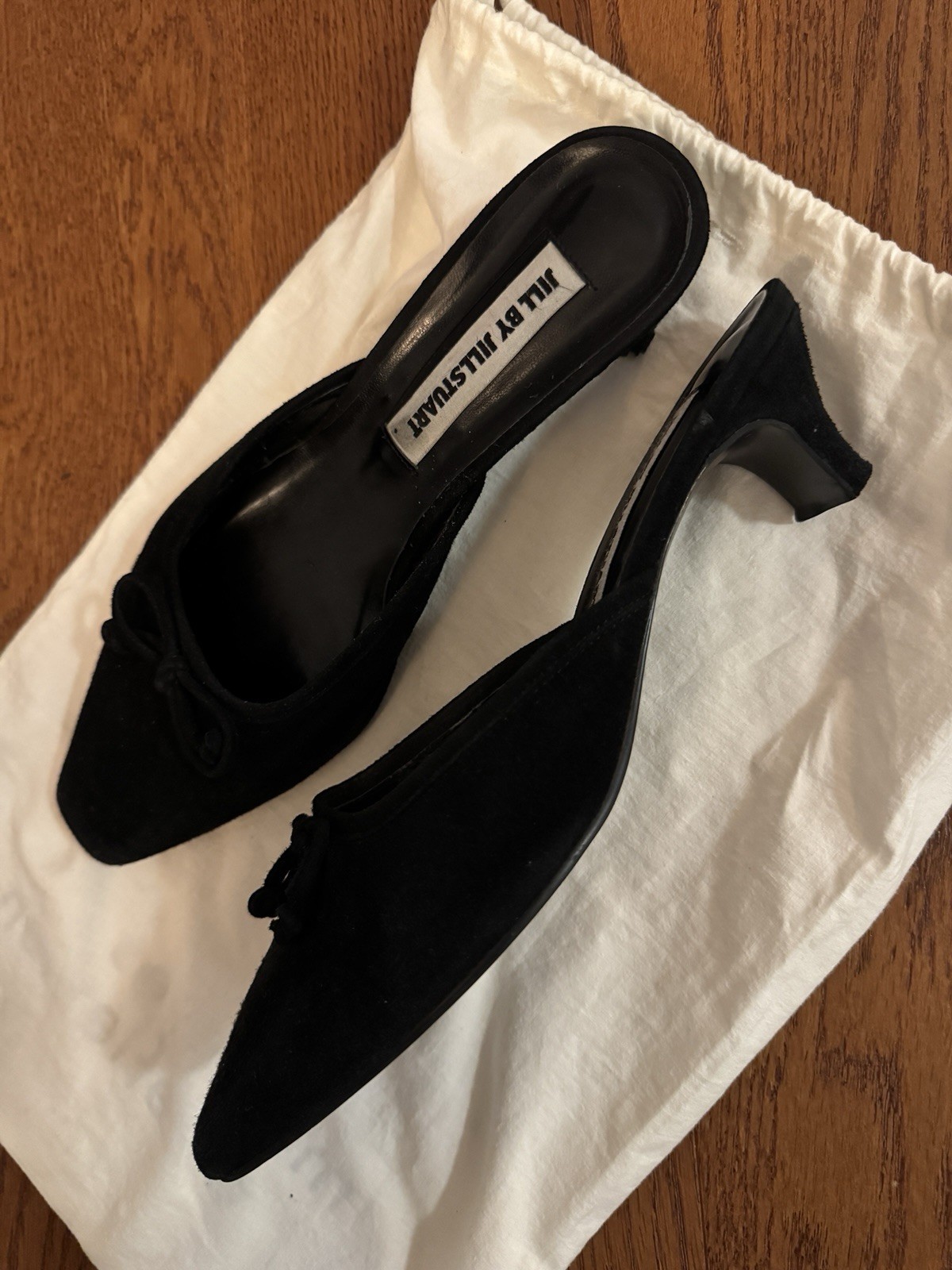 JILL BY JILLSTUART Black Suede Bow Pointed Toe Kitten Heel Mules Women’s US 6.5
