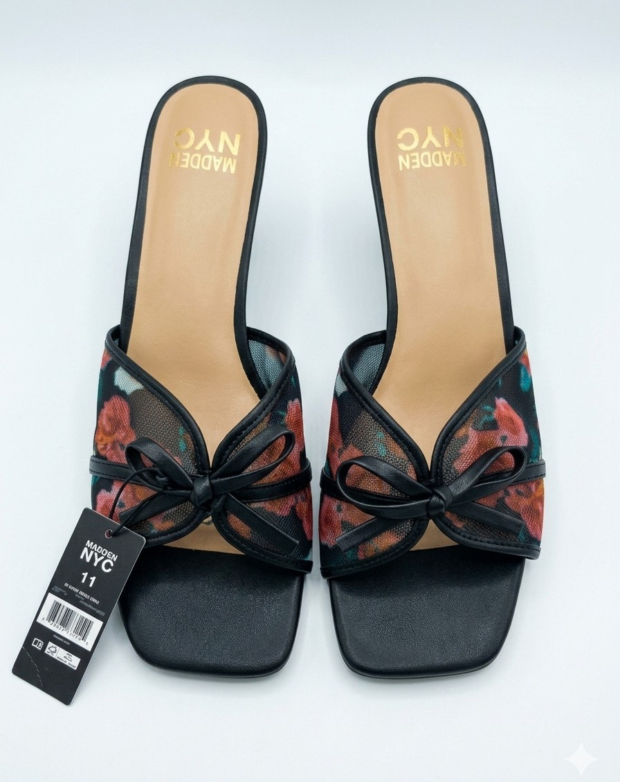 Madden NYC Women’s Black Floral Mesh Synthetic Bow Slide Sandals Slip On 11