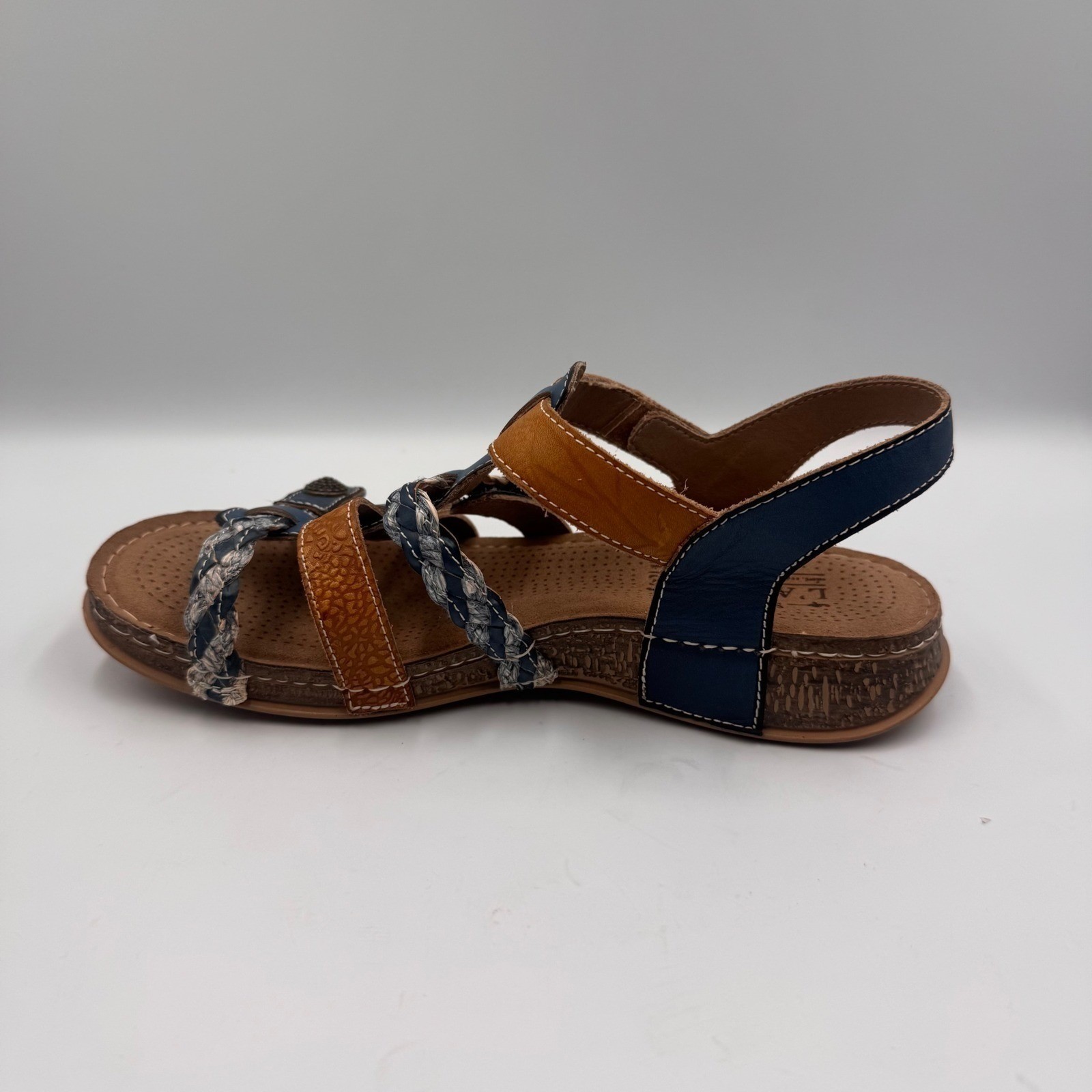 L’Artiste Spring Step Brash-Blum Blue Tan Leather Sandals Boho Strappy Womens 37