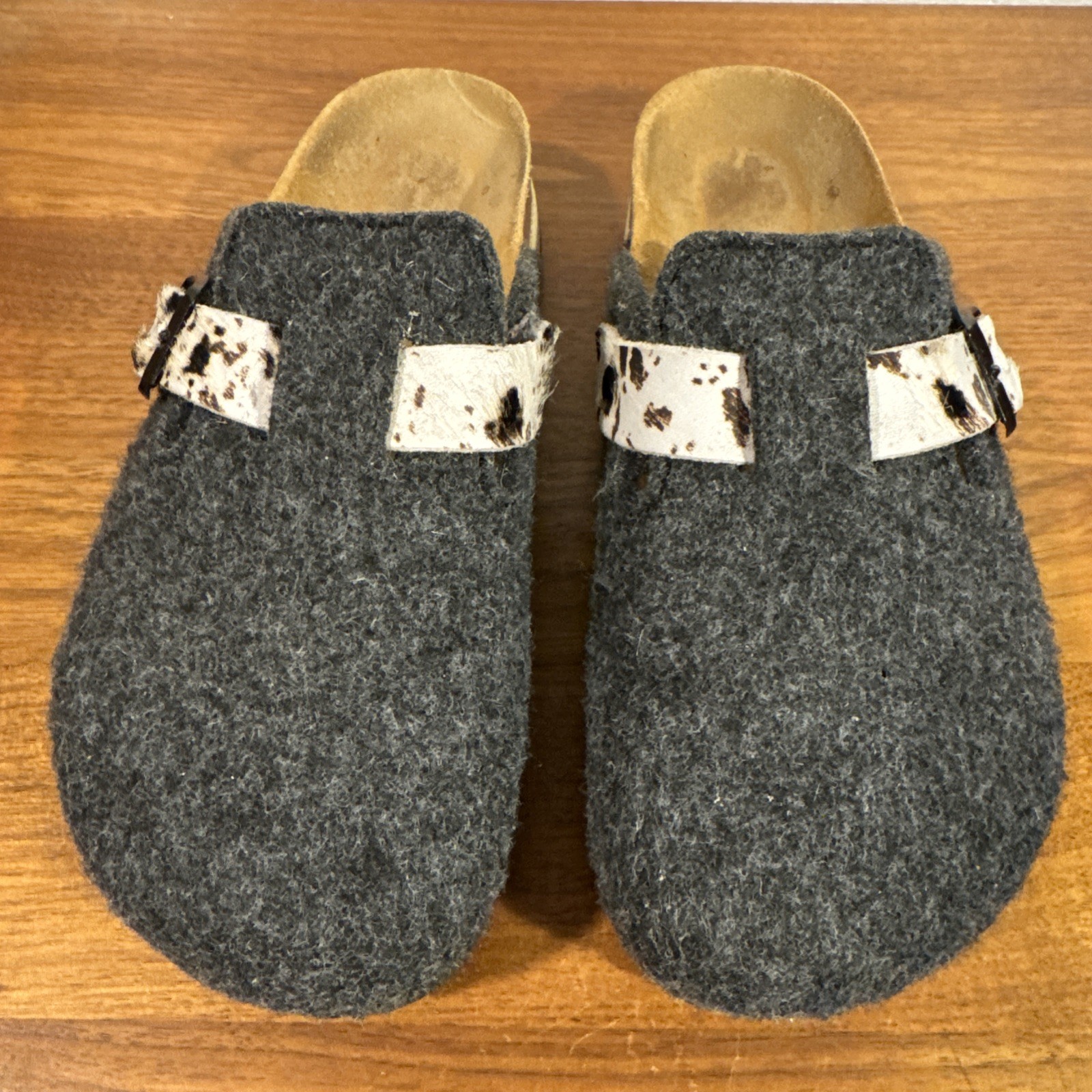 Mandel Sandals Sabot Clog EU 36, US 6 NOE Grey Felt Faux Cowhide Strap Cork $85