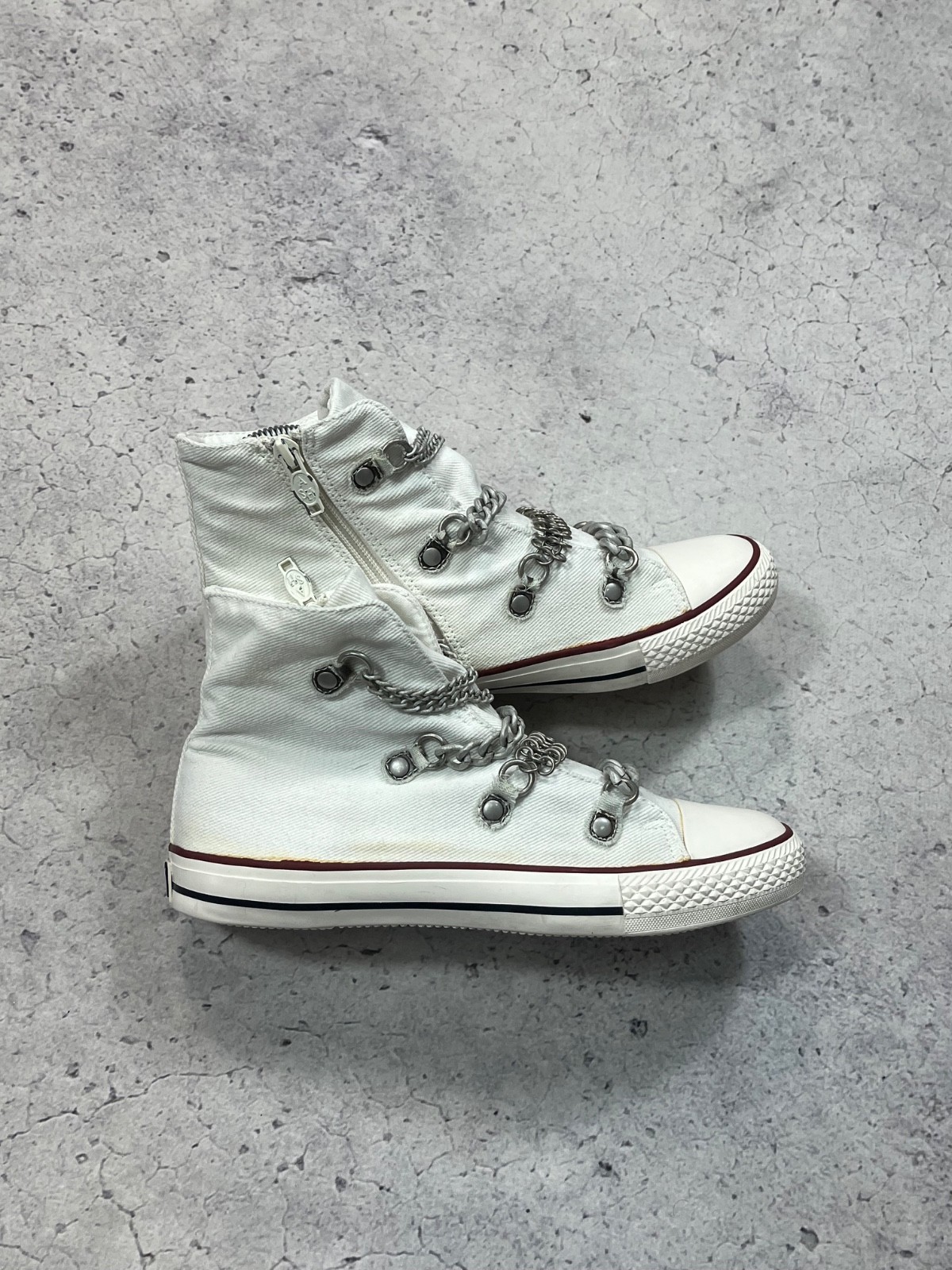 ASH Virgin White Canvas High Top Sneakers Multi Chain Straps Side Zip Sz 39