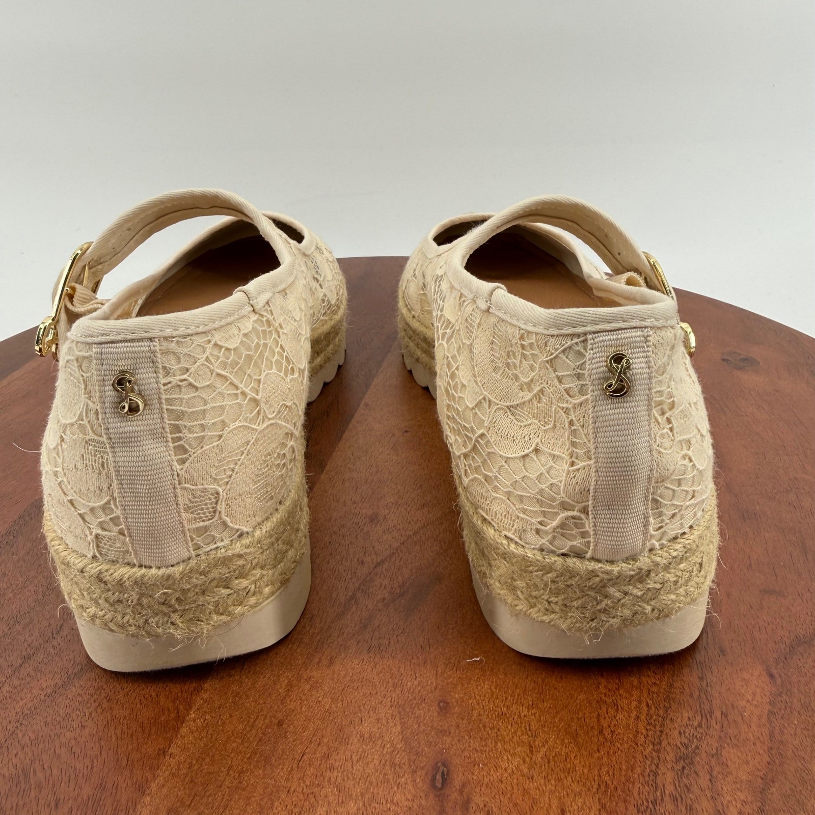 Sam & Libby Mary Jane Espadrille Women Beige Floral Lace Platform Shoes 10