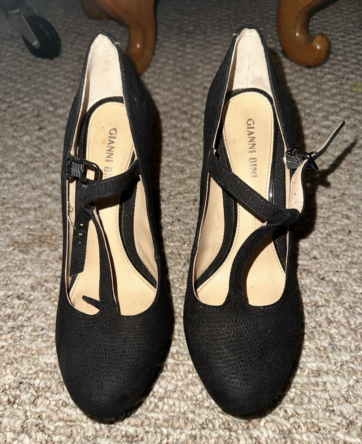 Gianni Bini Women’s Black Suede Strappy Round Toe Ankle Strap Heels 6.5