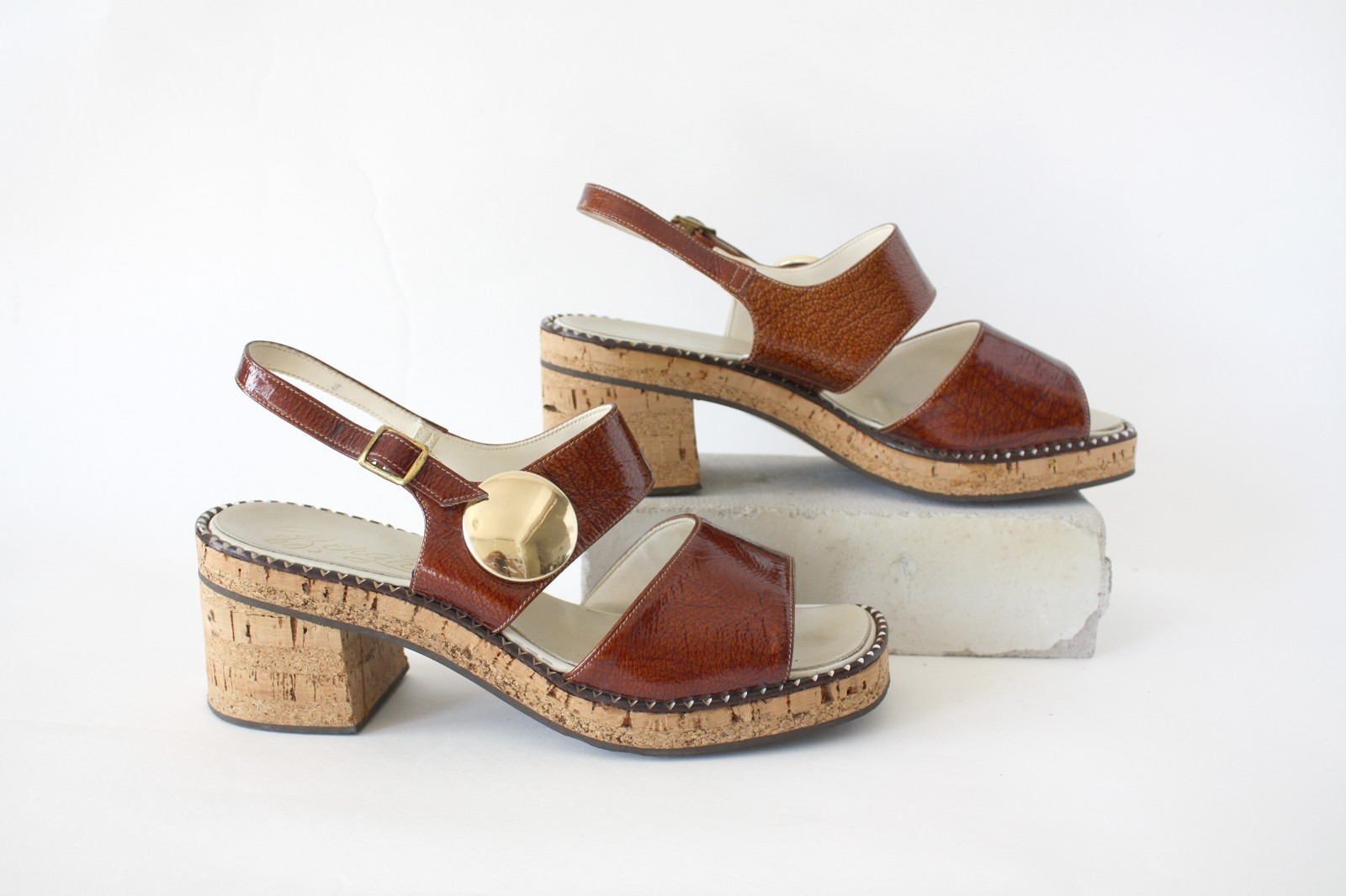 1960s Brown Open Toe Shoes with Gold Accents Block Heel and Cork Sole
