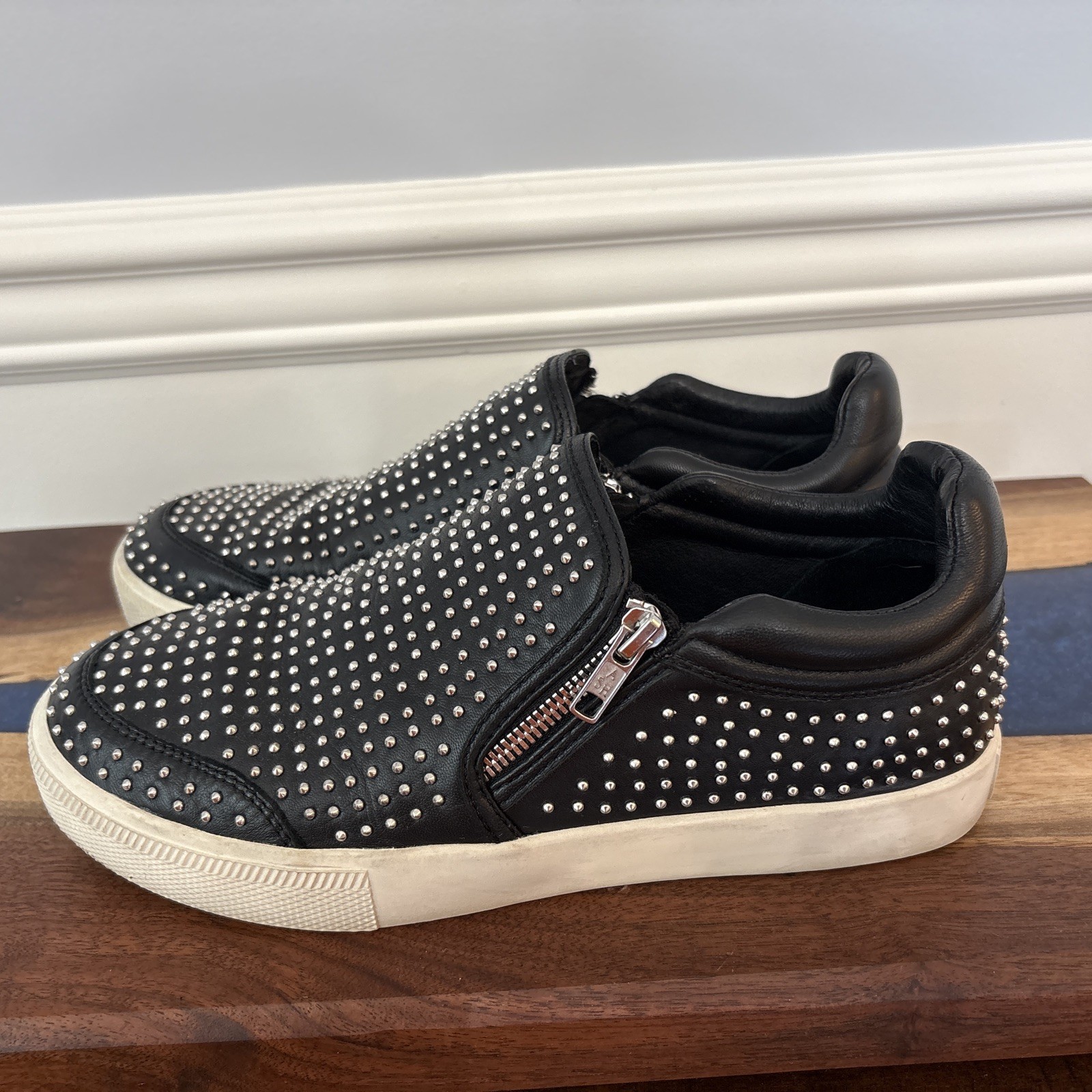 Ash IMAN Studded Sneaker Double Zip Black Leather/White/Silver Size 40 US 9.5-10