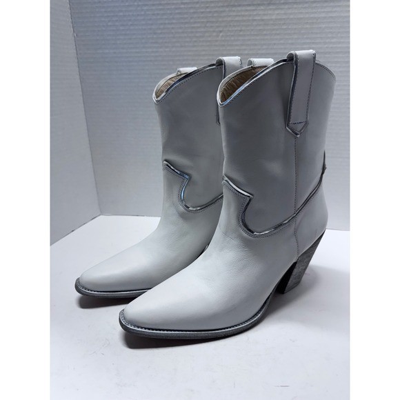 Golo White Leather Western Cowboy Boots Silver Trim Pointed Toe Portugal Size 9