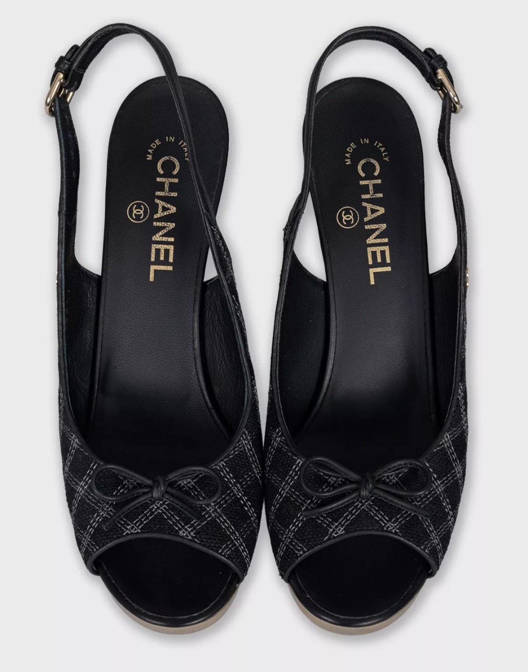 Authentic Chanel Black Quilted Textile Slingback Heels CC Logo Bow Size 39.5