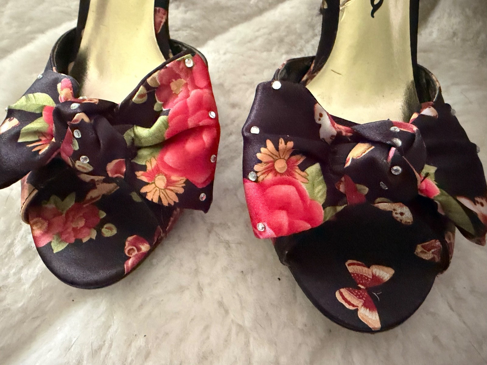 NINA SIZE 9 Floral Multicolor Satin Covered Heel Open Toe Rhinestone Bow D’Orsay