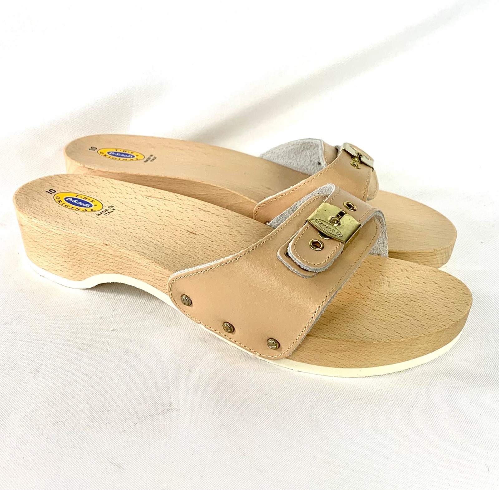 Dr. Scholls ‘The Original’ Sandal Leather Wood Slide Made i Italy SZ 10 Tan NWOT