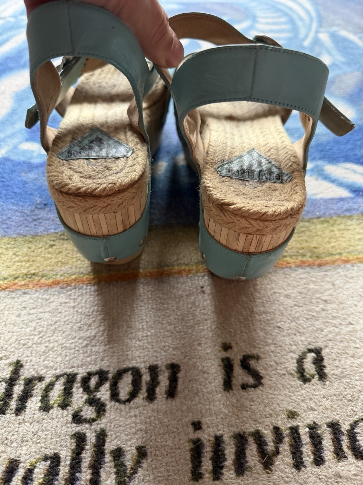 John Fluevog Rushmore Platform Mary Janes Clog Sandal Women’s 8 Blue Buckle Wood