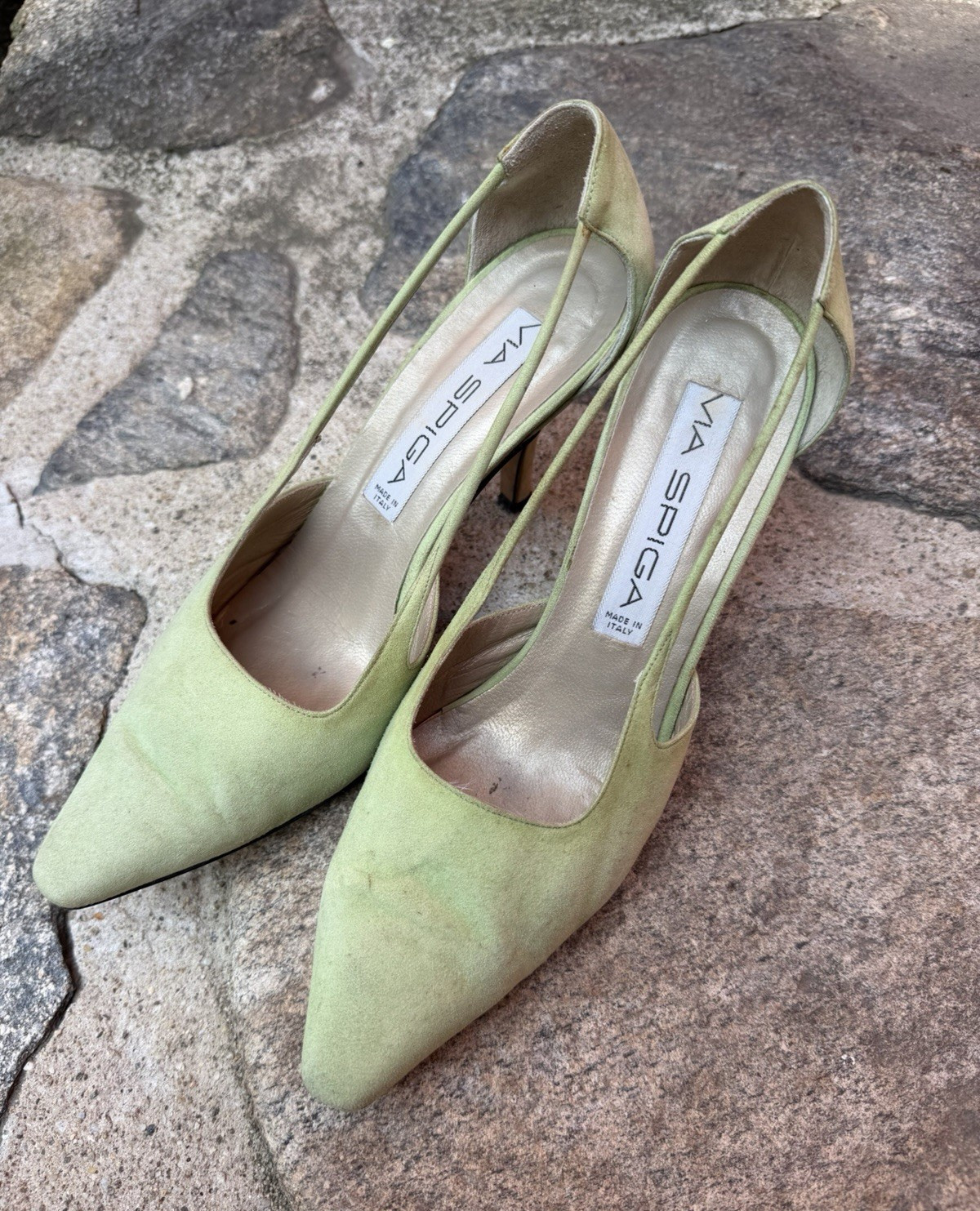 Via Spiga Spring Green Pointed Toe Slingback Pump Heels Leather Suede US 7.5 B