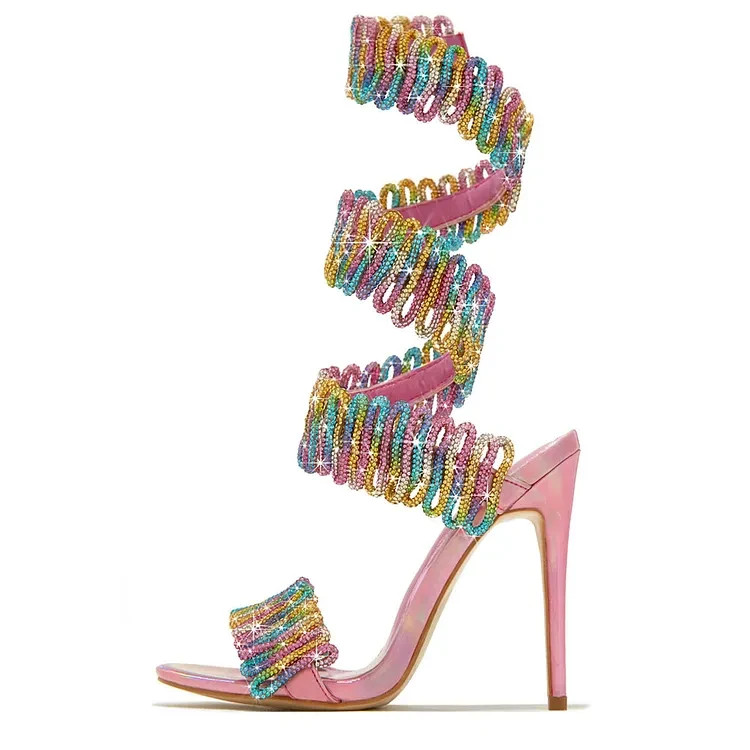 Pink Open-toe Strap Wrap Around Multicolor Rhinestone Heeled Sandals FSJ20231120