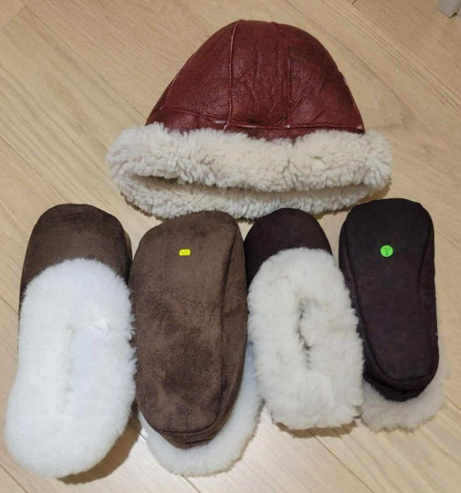 2 Pair Peruvian Llama Fur Lined Slippers and Hat Warm Cozy Indoor Outdoor Plush