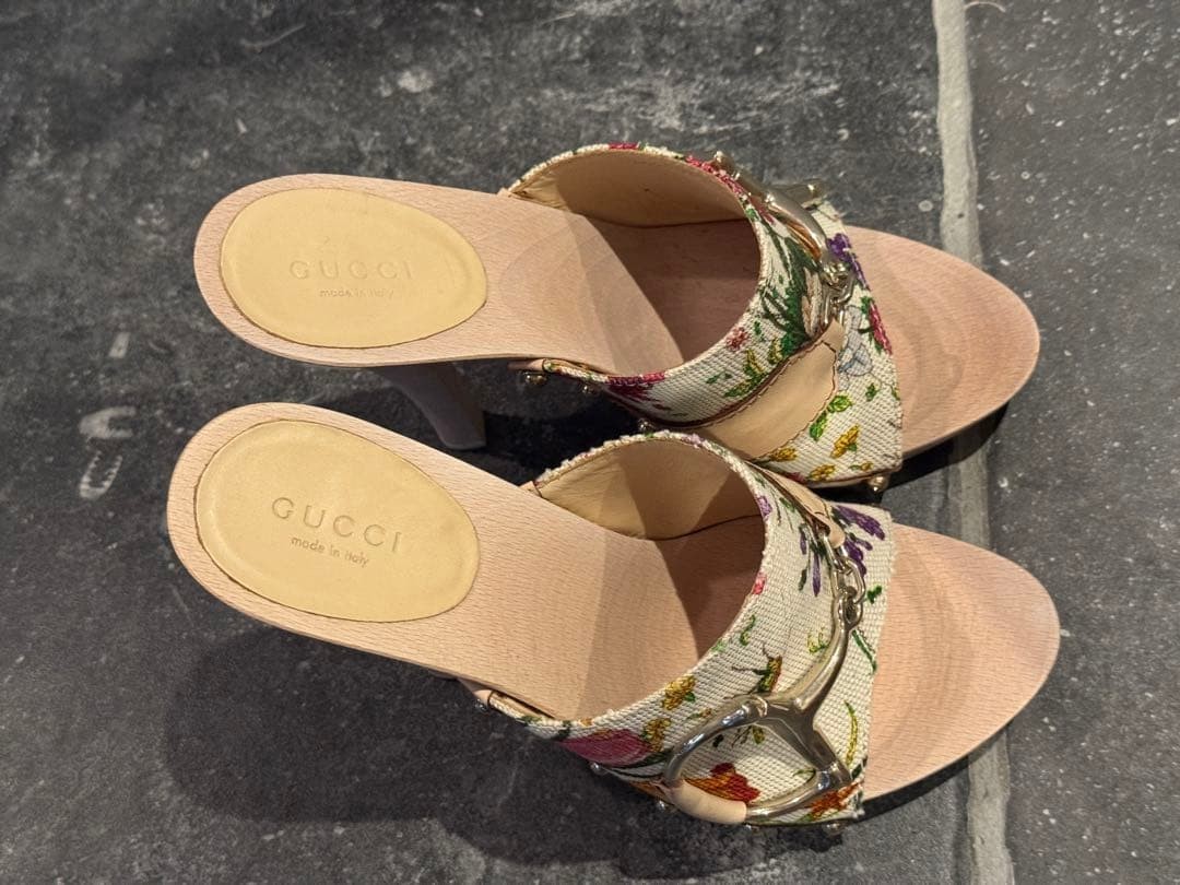 Gucci Flora Canvas Wood Heel Sandals Multicolor US6.5 EU36 149910 USED Auth