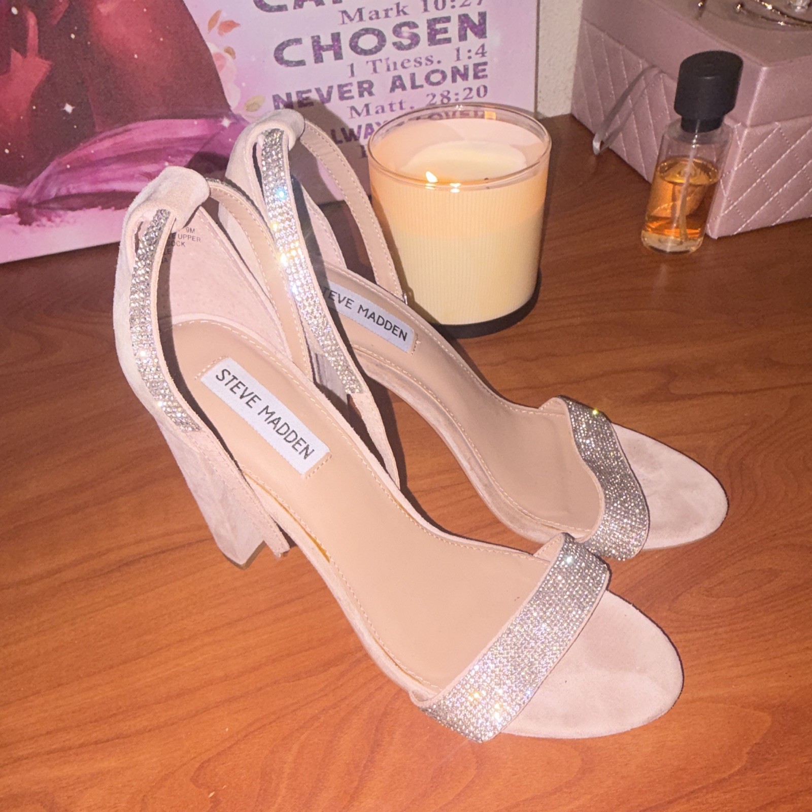 Steve Madden Womens Beige Suede Strappy Ankle Strap Rhinestone Open Toe 9M
