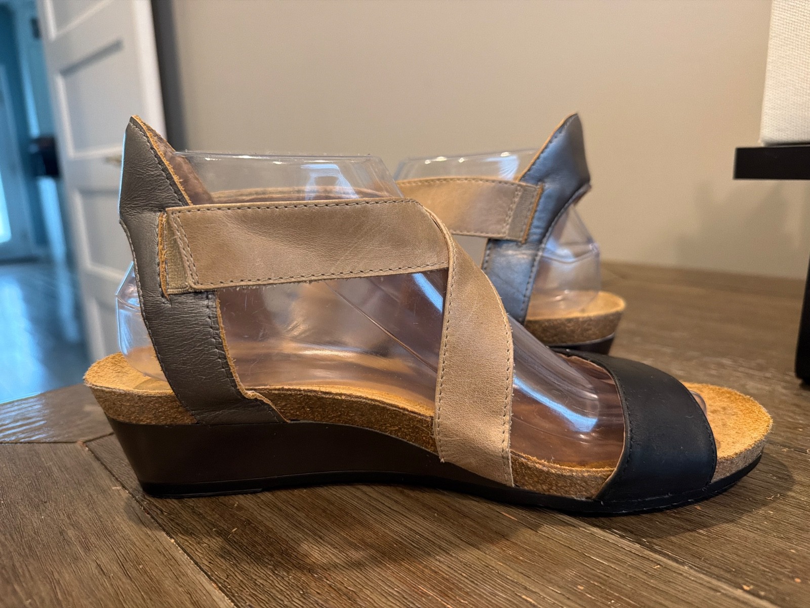 NAOT Vixen Black Tan Leather Slingback Adjustable Wedge Sandals EU 40 US 9-9.5