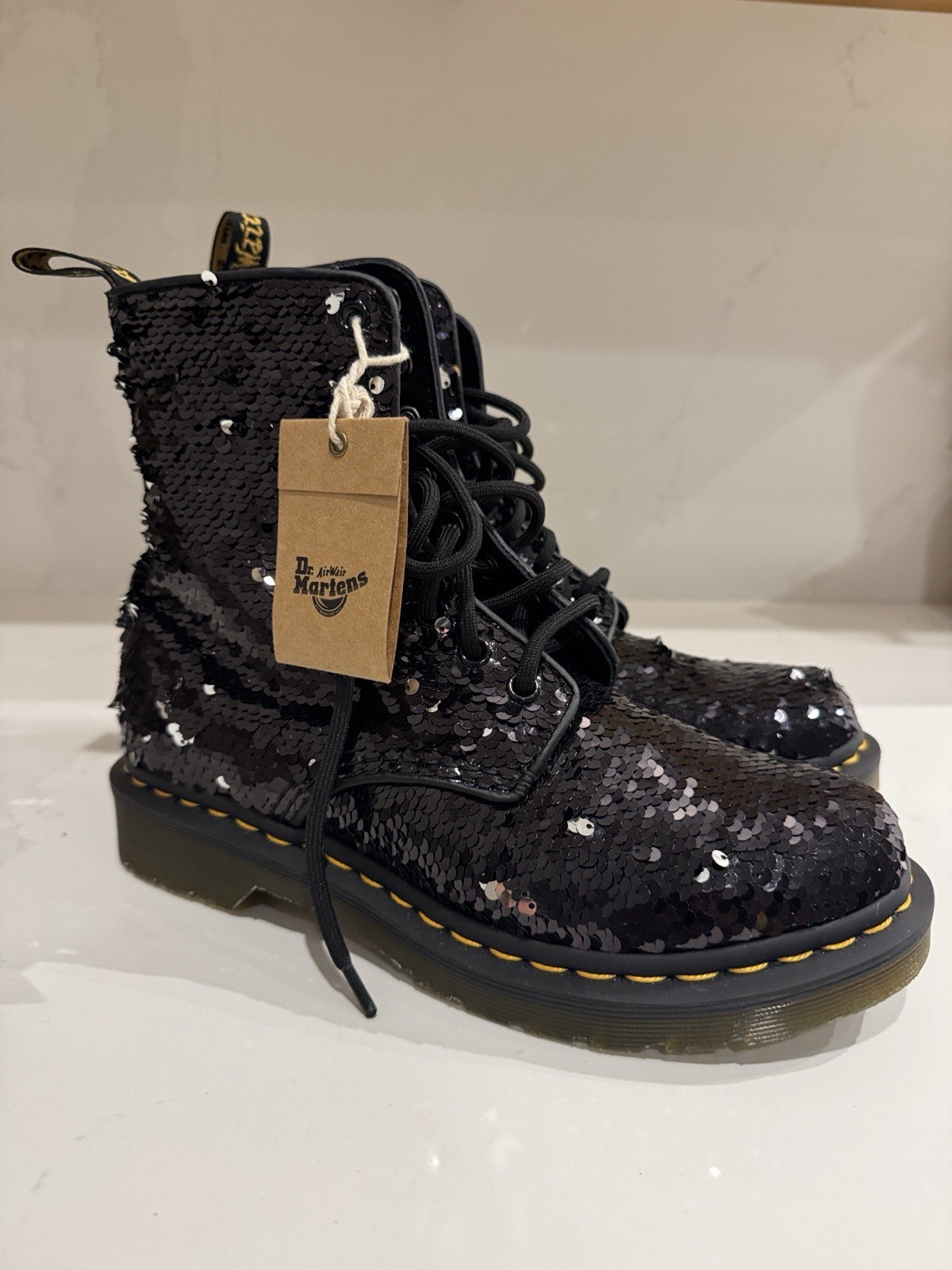 Dr. Doc Martens 1460 Pascal Sequin 8-Eye Boots Black/Silver, Size 7L