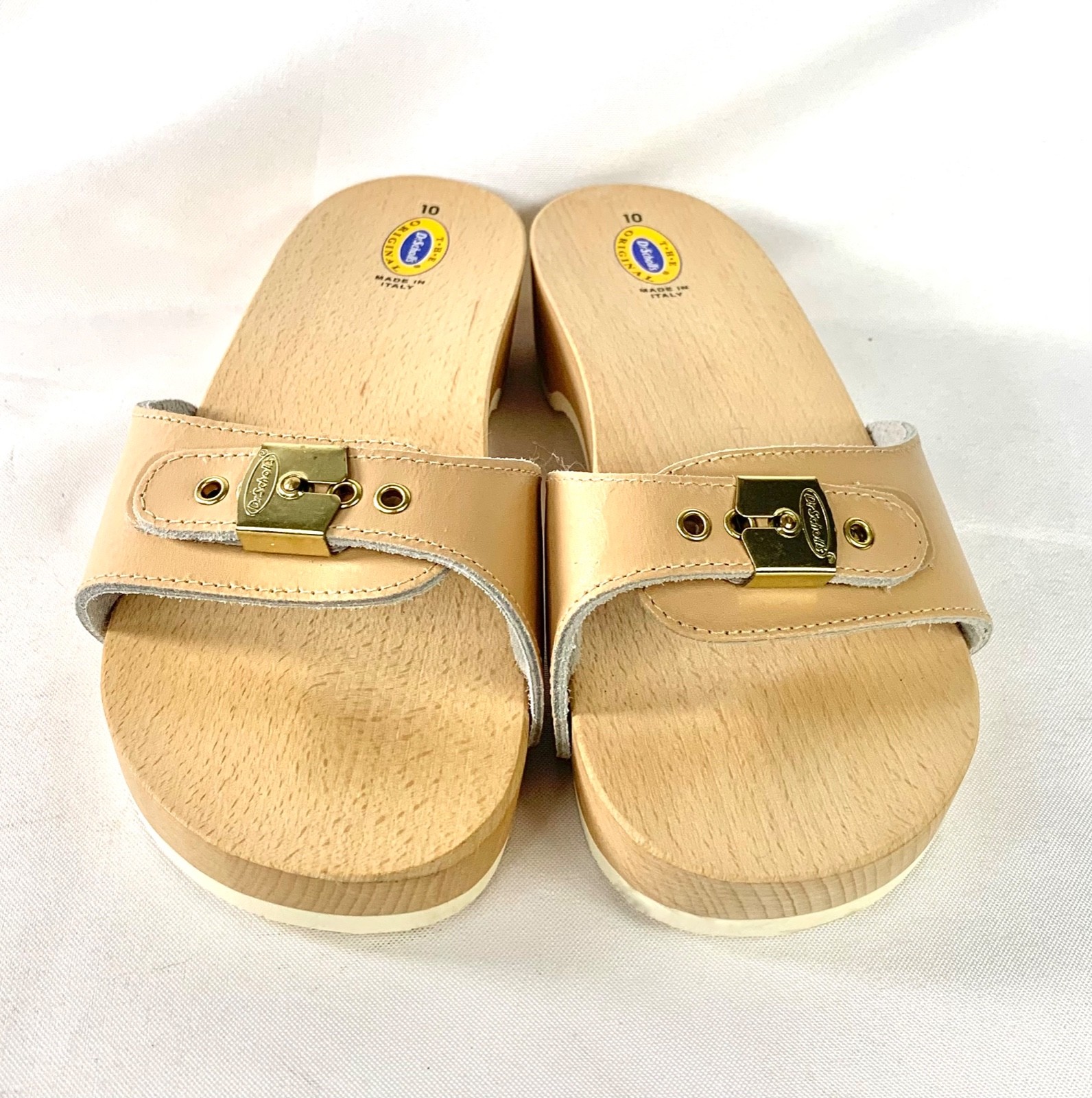 Dr. Scholls ‘The Original’ Sandal Leather Wood Slide Made i Italy SZ 10 Tan NWOT