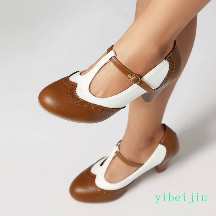 Women’s Low Heel Mary Jane Two Tone Colorblock Shoes T Strap Patchwork Casual OL