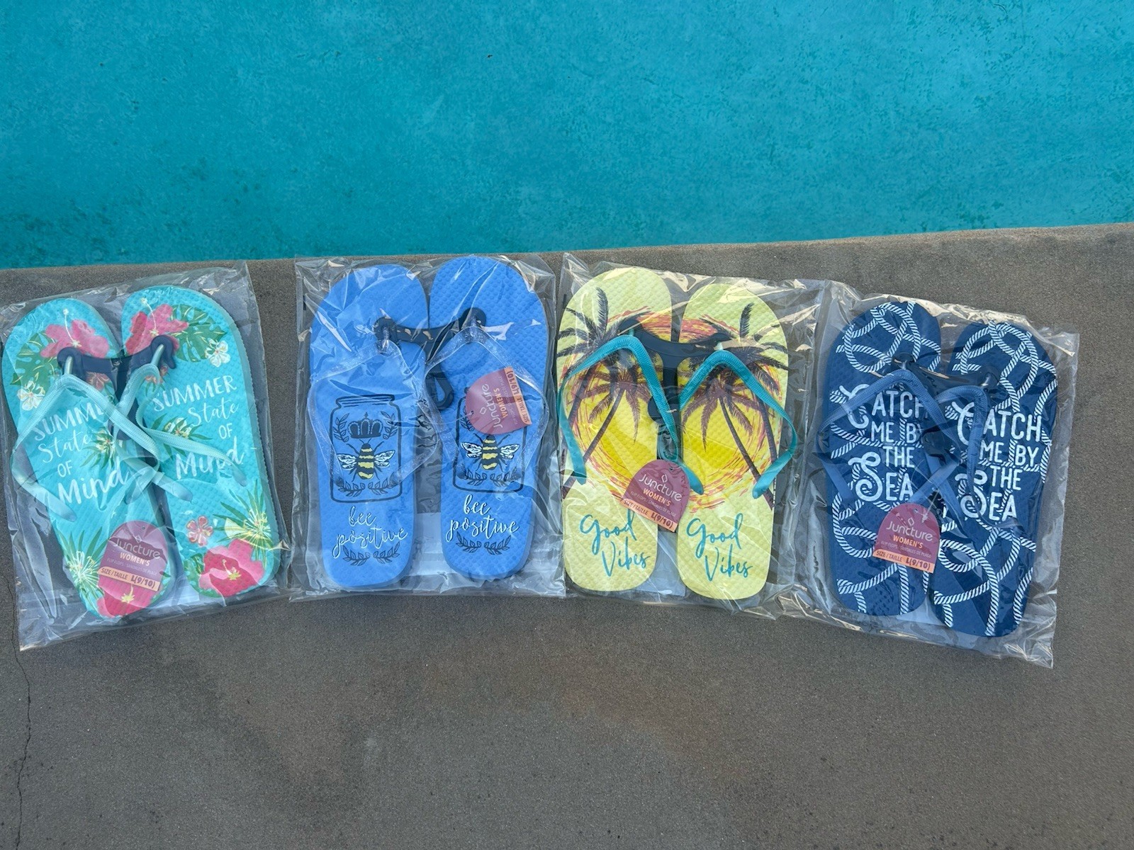 4 Pair Juncture Women’s Flip Flops L 9/10 Beach Summer NWT Tropical Lot