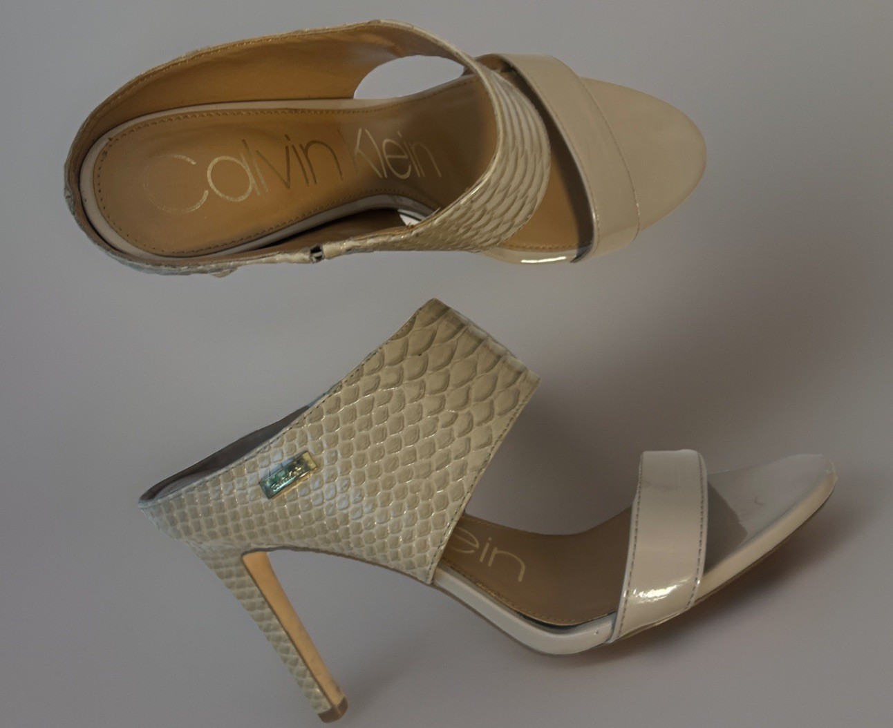 Calvin Klein Mule Slides Womens Shayna Taupe Faux Leather Snakeskin Heels Sz 7.5