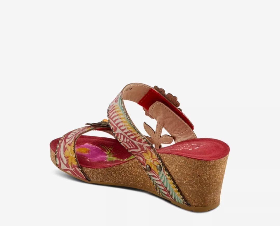 L’Artiste by Spring Step Moai Red Multi Leather Wedge Sandal NWOB Size 40 US 9