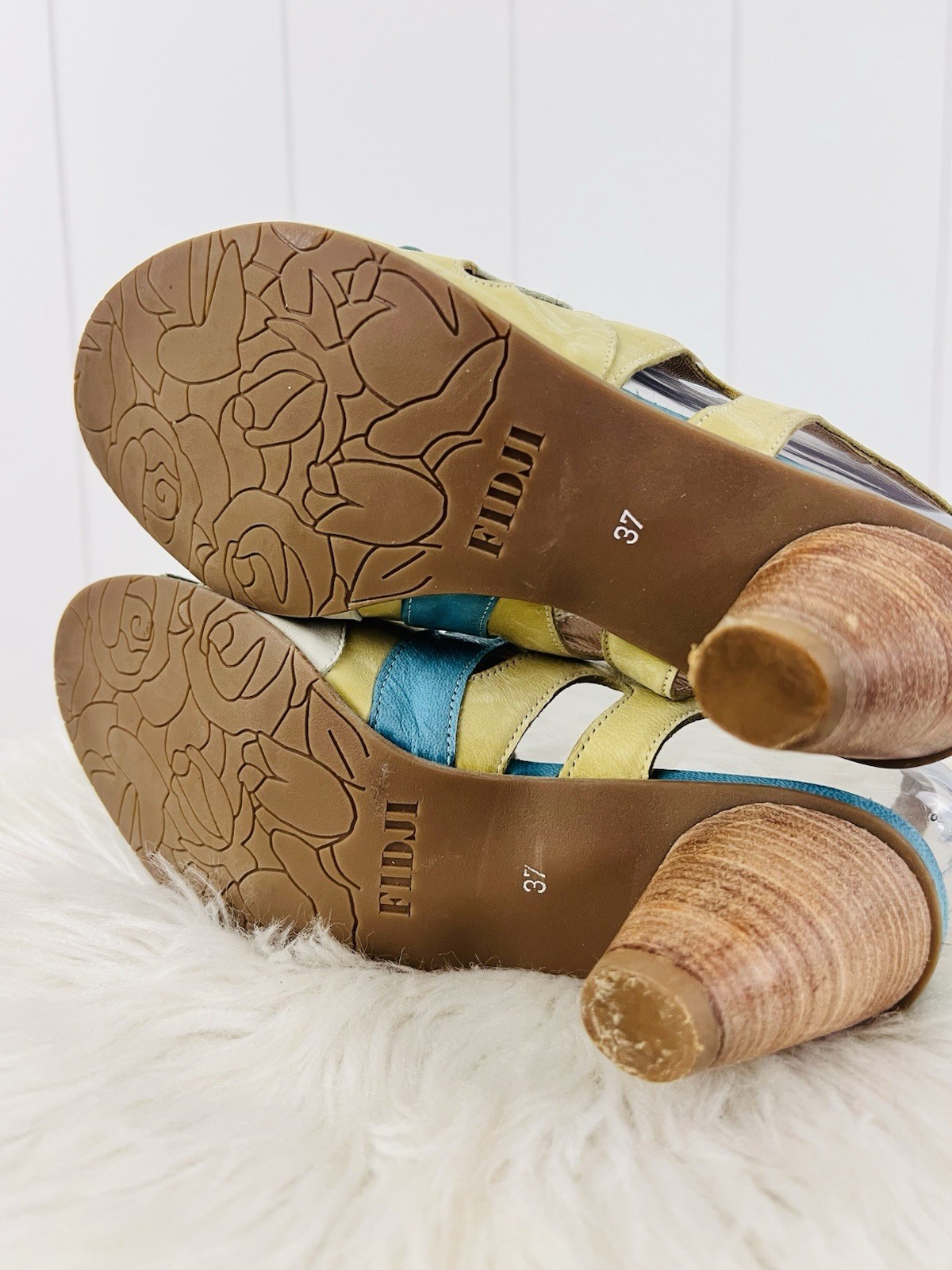 Fidji Blue & Yellow Patchwork Leather Cutout Slingback Sandals Heels EU37 US6