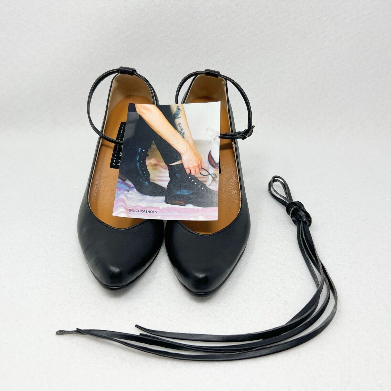 Nicora Natalie Heels Black Vegan Leather Size 7.5-8/38 Vibram Sole Ankle Strap