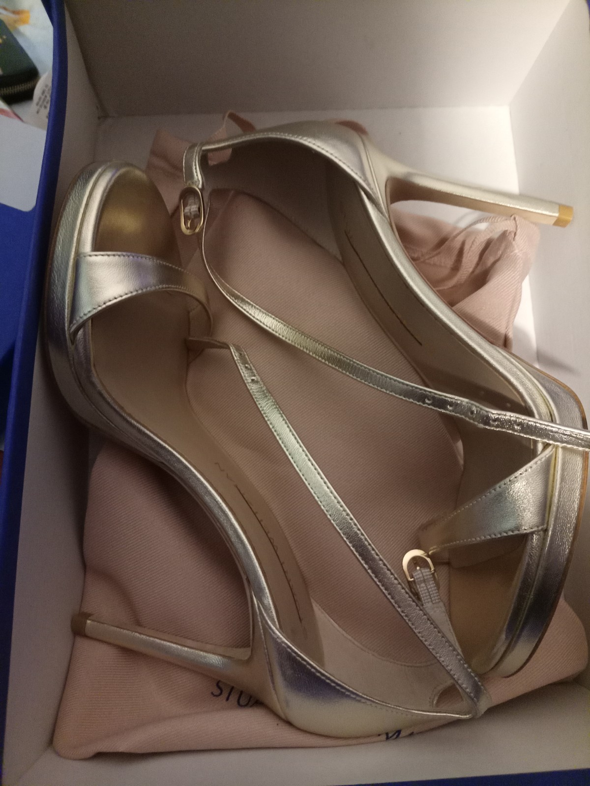 Stuart Weitzman Gold Leather Strappy Open Toe Ankle Strap Buckle Heel 7
