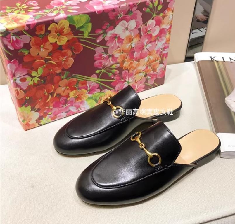 Women Leather Slippers Embrodiery Mules Princetown Horsebit Mules Shoes 35-42