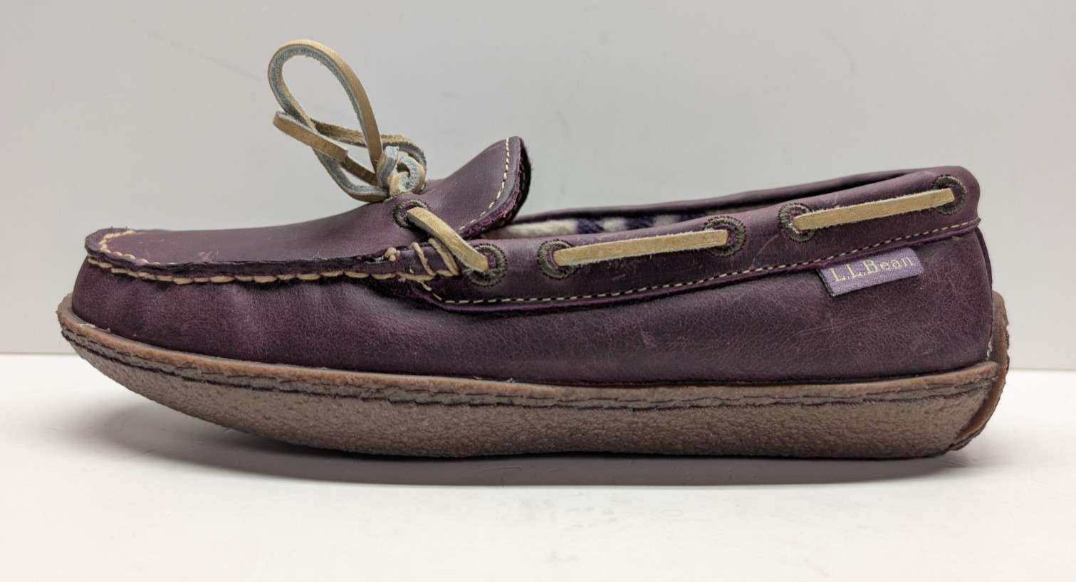 Sz 6M L.L.Bean Hand-Sewn Purple Leather Slippers, Flannel Lined #301104