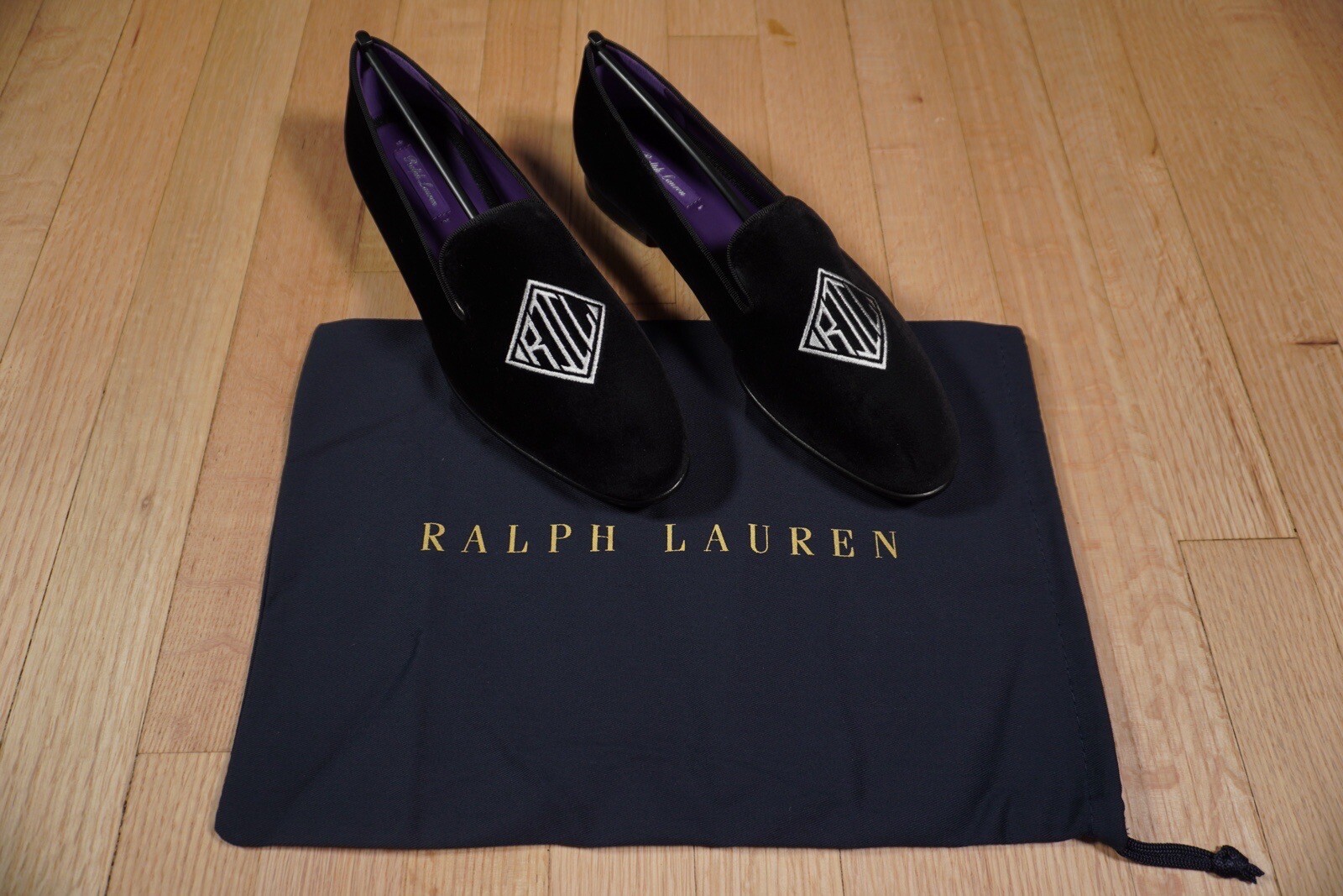 Ralph Lauren Purple Label Alonzo Deco Slipper Black Size 8B Velvet Brand New