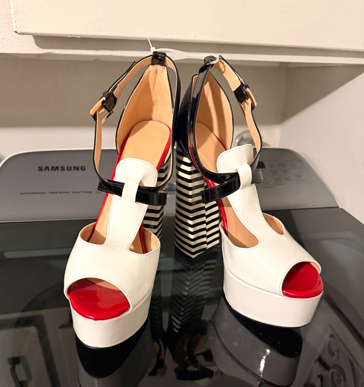 Women’s Platform Open Toe Striped Ankle Strap Block Heel Buckle Sandals 10