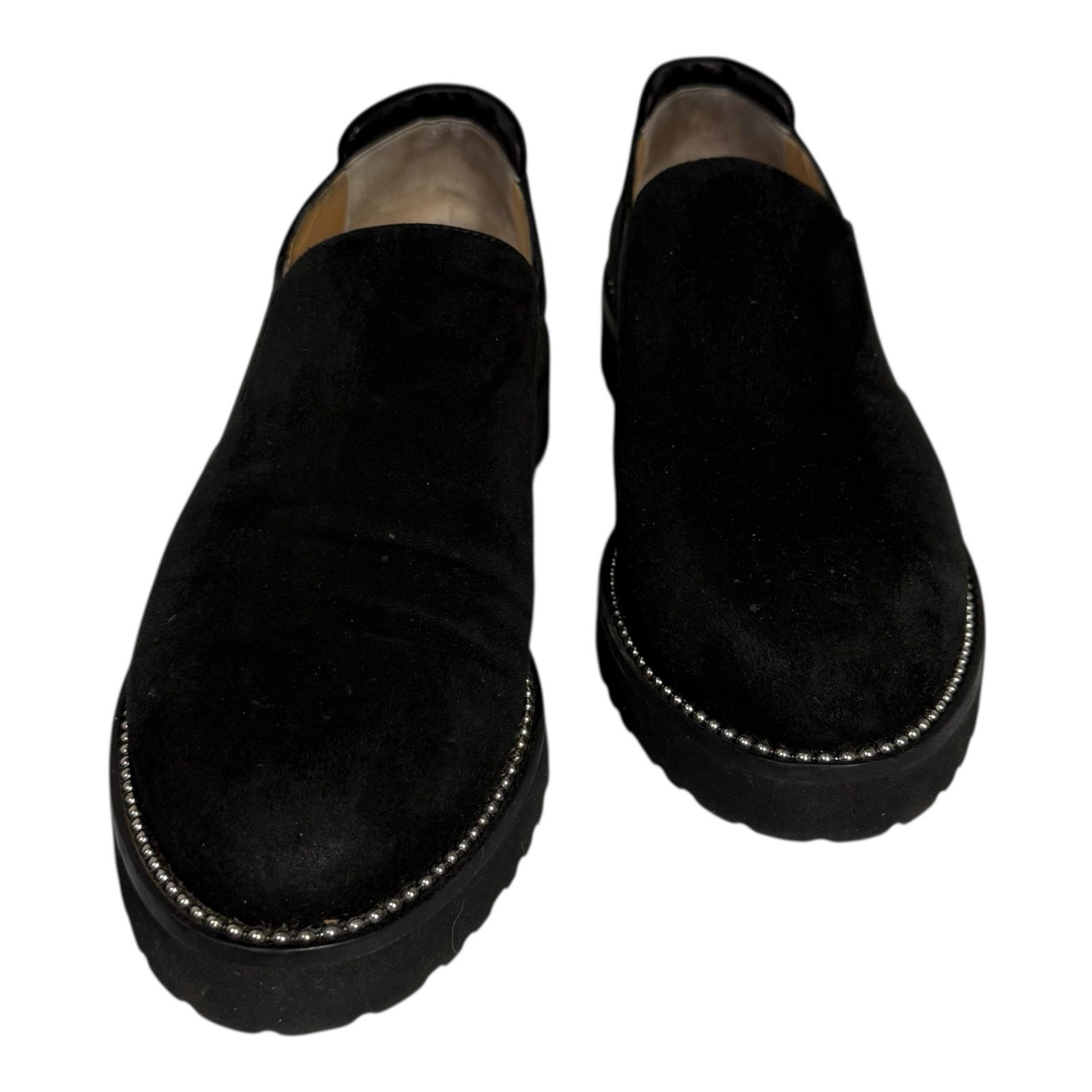 RUSSELL & BROMLEY Black Suede Studded Slip On Loafers Italy EUR 38.5 US 8.5